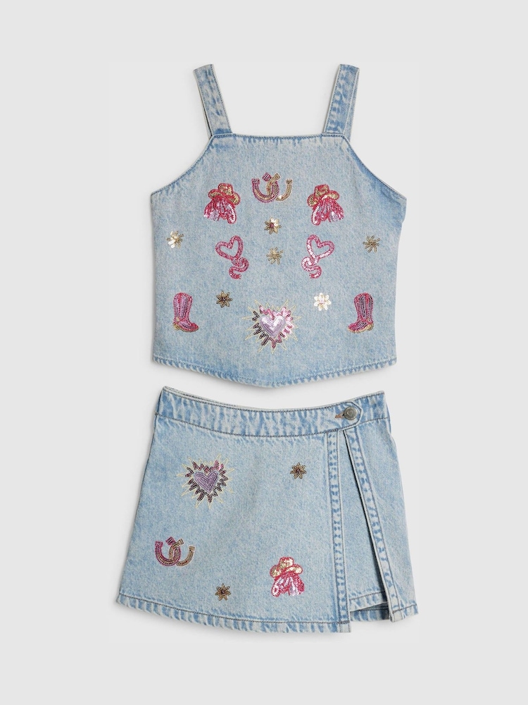 River Island Blue Cowboy Sequin Top & Skort Set - Image 1 of 4