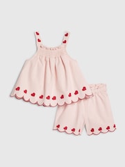 River Island Pink Denim Heart Frill Top & Shorts Set - Image 1 of 5