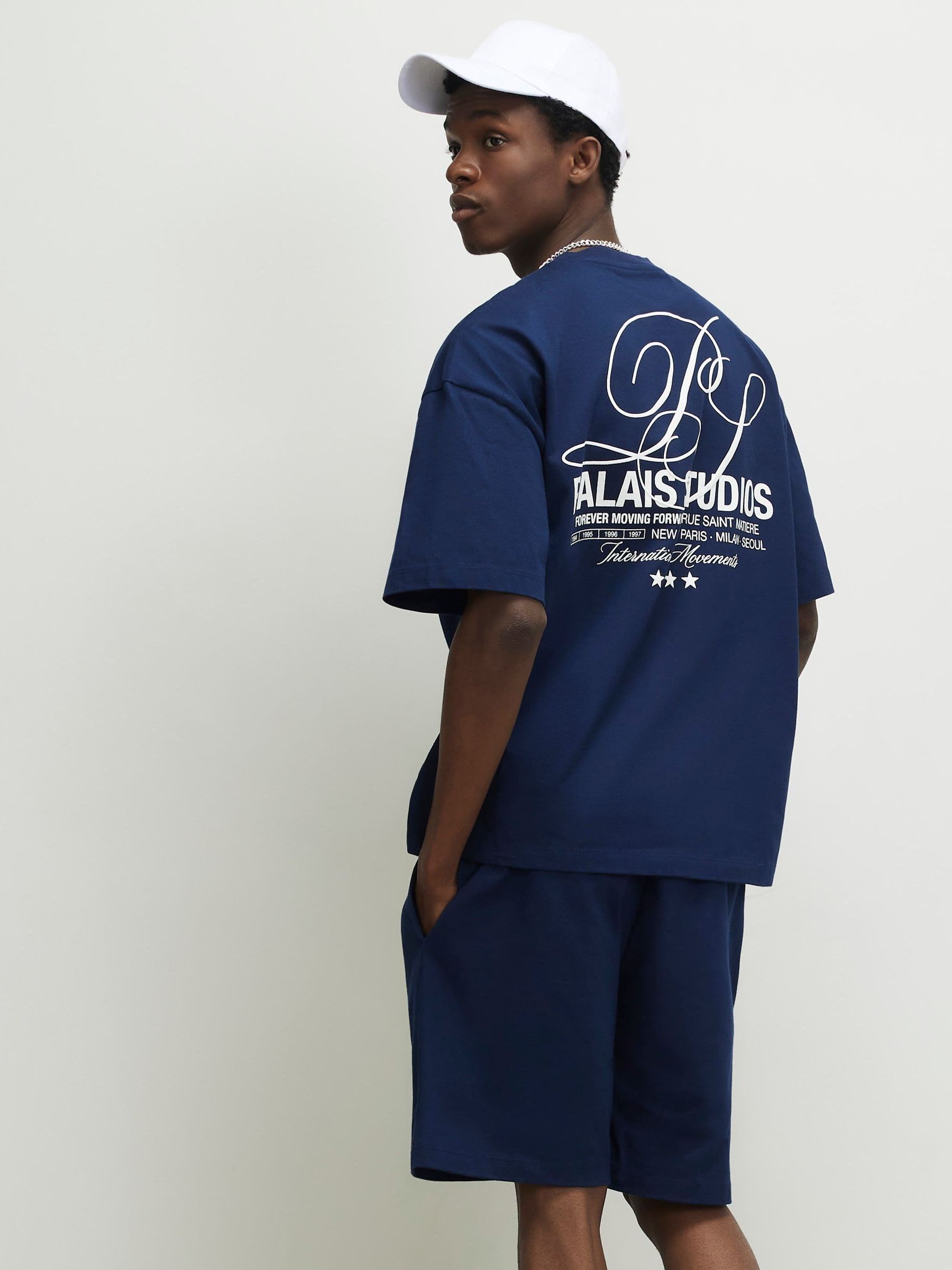Buy River Island Blue Oversized Word Boxy T-Shirt & Shorts Set