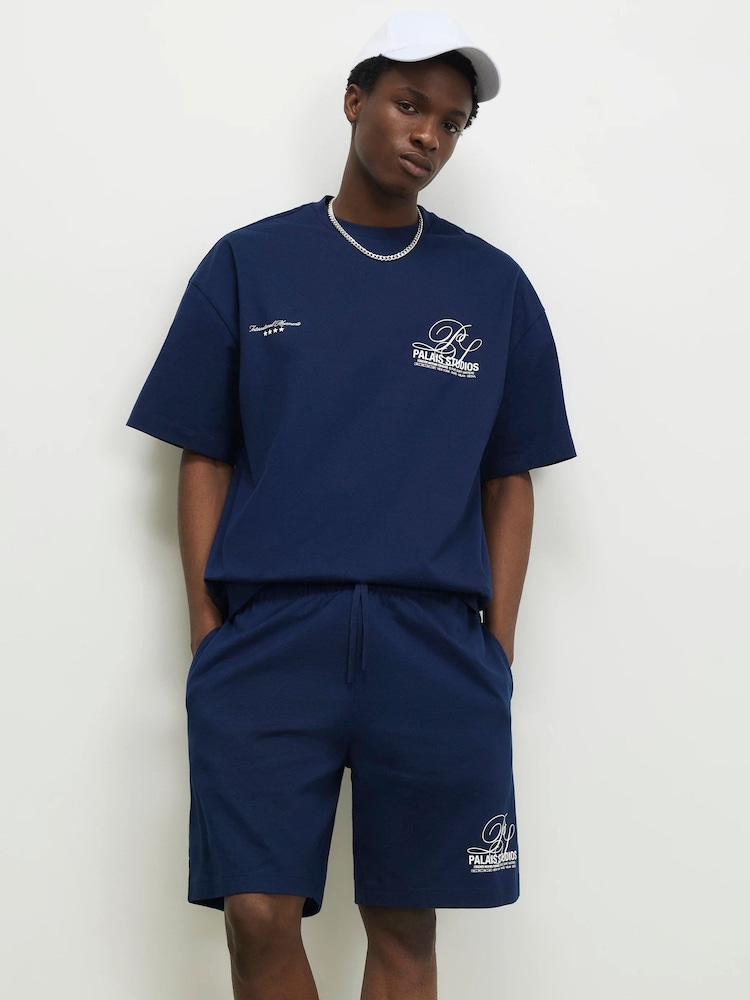 River Island Blue Oversized  Word Boxy T-Shirt & Shorts Set - Image 1 of 7