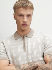 River Island Natural Slim Fit Check Knitted Polo Shirt - Image 3 of 4