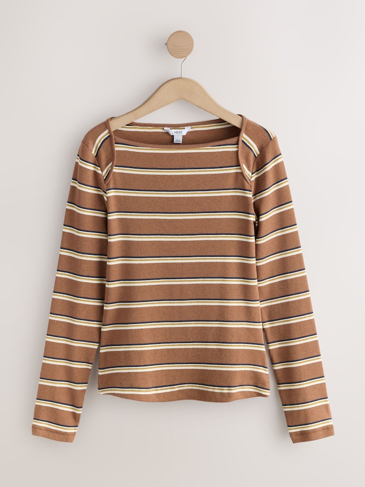 Neutral Long Sleeve Ribbed Boat Neck Top - Image 1 of 3 Neutral Long Sleeve Ribbed Boat Neck Top - Image 1 of 3
