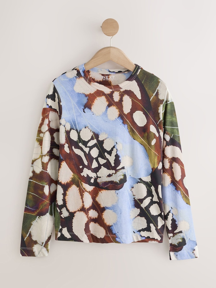 Butterfly Print Long Sleeve Crew Neck T-Shirt - Image 1 of 3 Butterfly Print Long Sleeve Crew Neck T-Shirt - Image 1 of 3