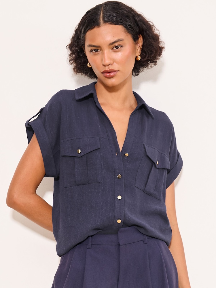 Lipsy Navy Blue Linen Blend Short Sleeve Shirt - Image 1 of 5 Lipsy Navy Blue Linen Blend Short Sleeve Shirt - Image 1 of 5