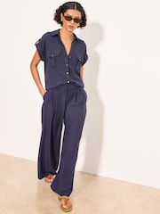 Lipsy Navy Blue Linen Blend Short Sleeve Shirt - Image 2 of 5