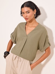 Lipsy Khaki Green Touch Of Linen V-Neck Top - Image 1 of 5