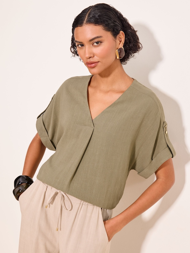 Lipsy Khaki Green Touch Of Linen V-Neck Top - Image 1 of 5