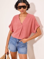 Lipsy Pink Touch Of Linen V-Neck Top - Image 1 of 5