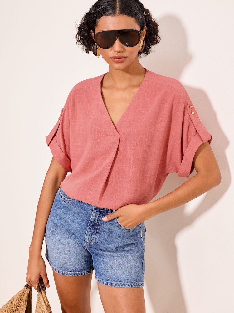 Lipsy Pink Touch Of Linen V-Neck Top - Image 1 of 5