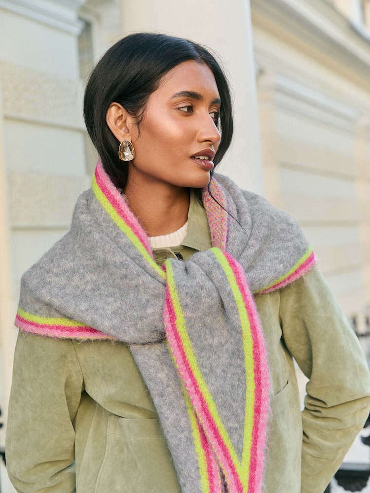 Love & Roses Grey and Rainbow Contrast Border Triangle Scarf - Image 1 of 7