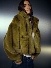 Olive Green Faux Fur Bomber Jacket - Image 1 of 5