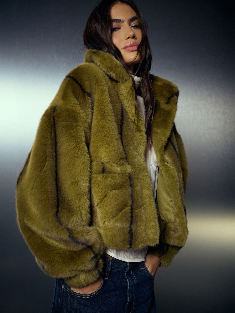 Olive Green Faux Fur Bomber Jacket - Image 1 of 5 Olive Green Faux Fur Bomber Jacket - Image 1 of 5