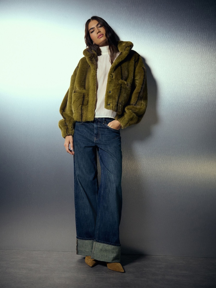 Olive Green Faux Fur Bomber Jacket - Image 2 of 5 Olive Green Faux Fur Bomber Jacket - Image 2 of 5