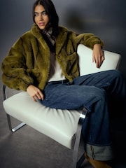 Olive Green Faux Fur Bomber Jacket - Image 3 of 5