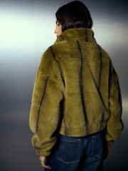Olive Green Faux Fur Bomber Jacket - Image 4 of 5