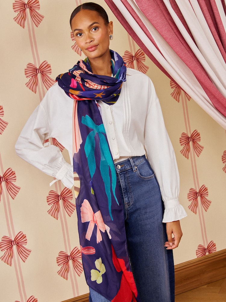 Love & Roses Navy Bow Print Lightweight Scarf - Image 1 of 7 Love & Roses Navy Bow Print Lightweight Scarf - Image 1 of 7
