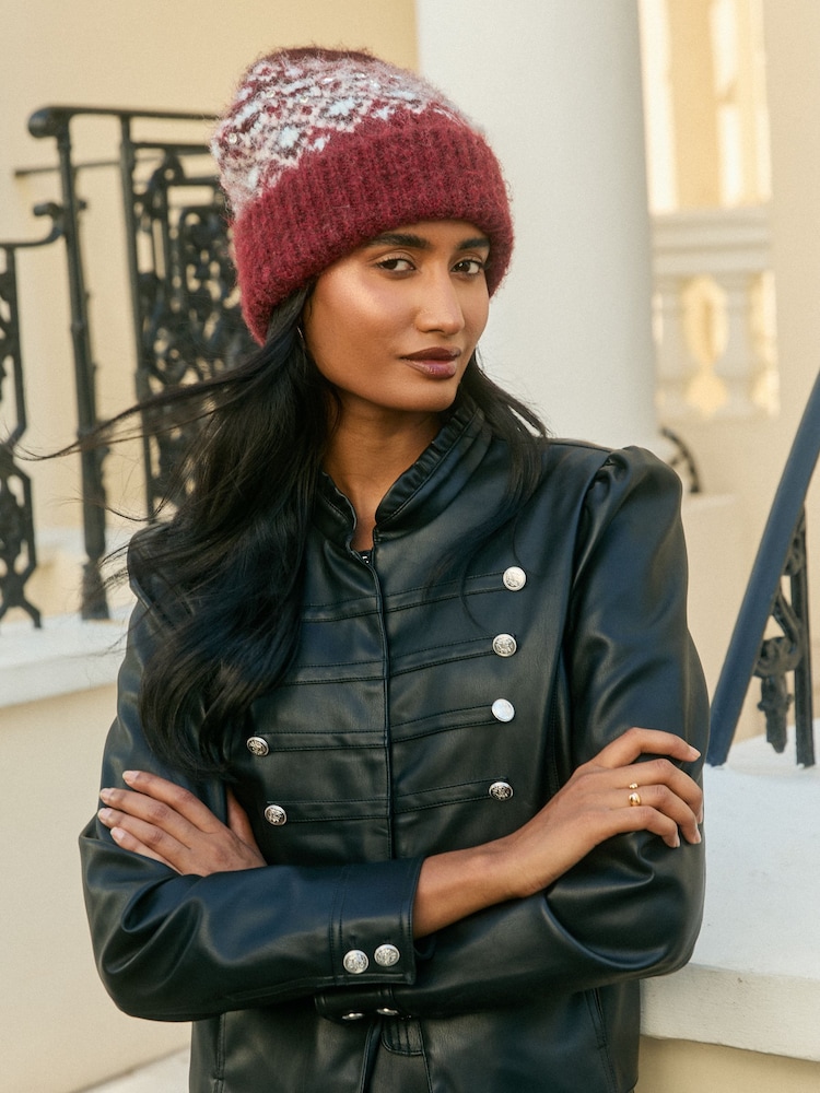 Love & Roses Burgundy Red Fairisle Embelished Brushed Beanie Hat - Image 1 of 5