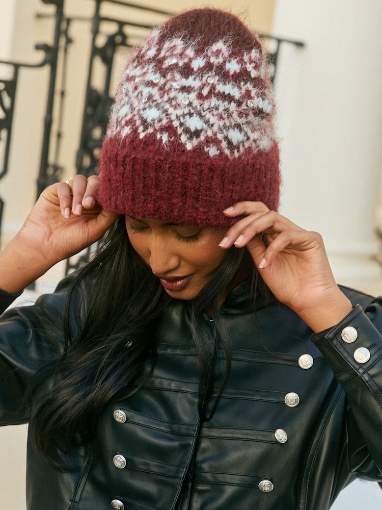 Love & Roses Burgundy Red Fairisle Embelished Brushed Beanie Hat - Image 2 of 5