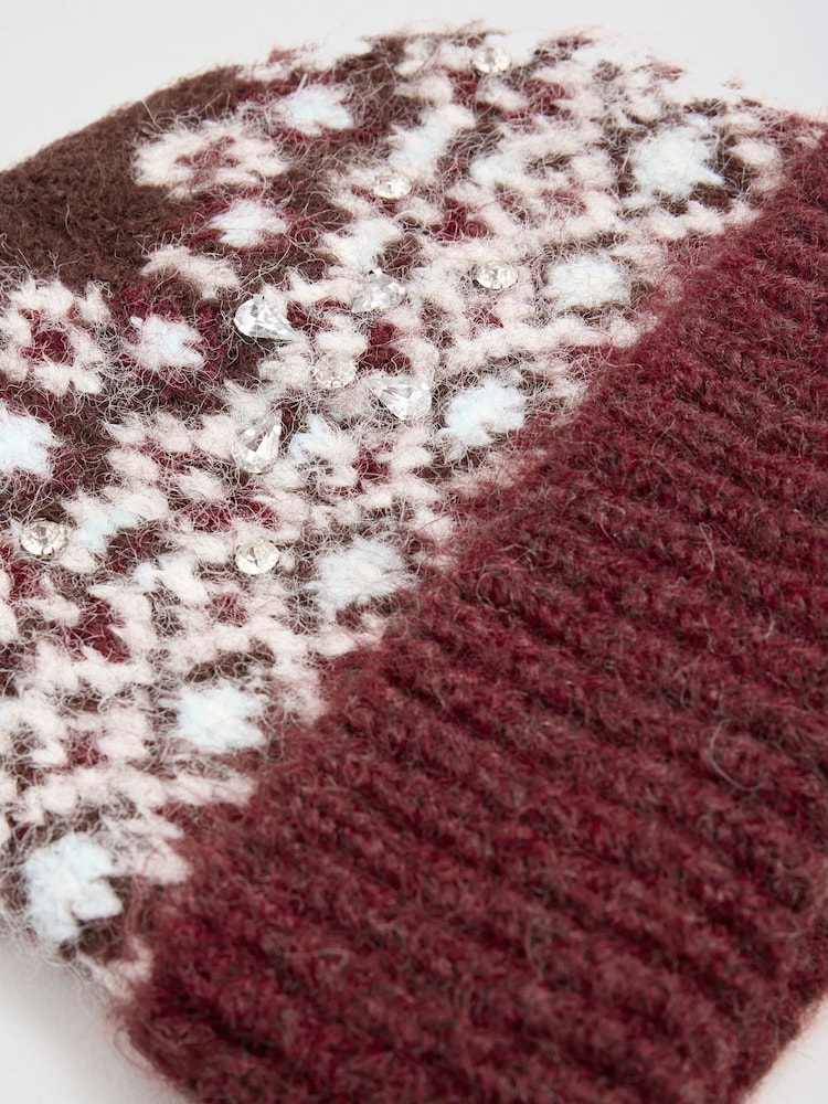 Love & Roses Burgundy Red Fairisle Embelished Brushed Beanie Hat - Image 5 of 5