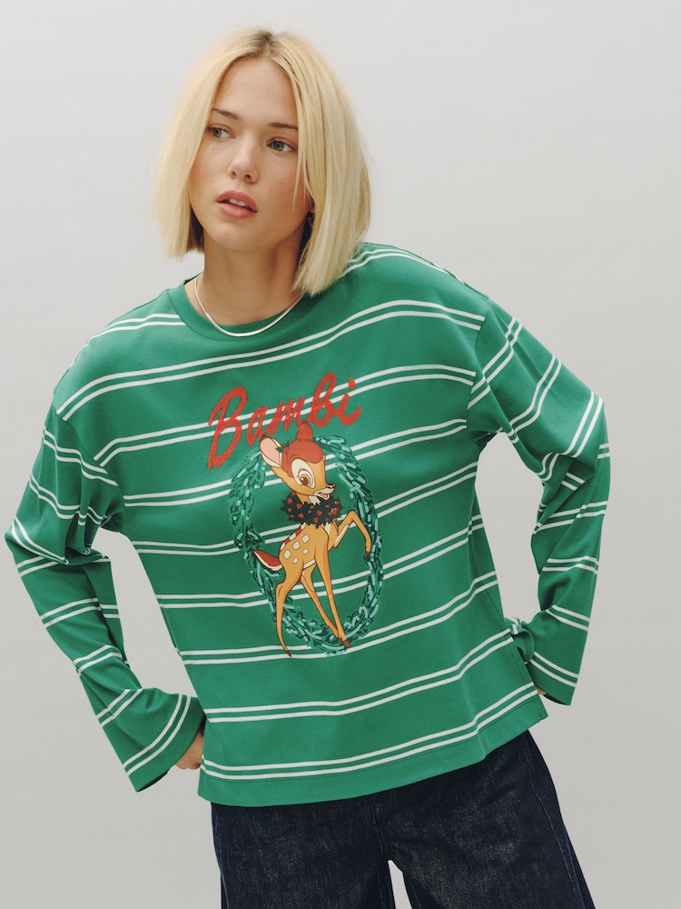 Green Christmas Bambi Licence Crew Neck Long Sleeve Top - Image 1 of 4 Green Christmas Bambi Licence Crew Neck Long Sleeve Top - Image 1 of 4