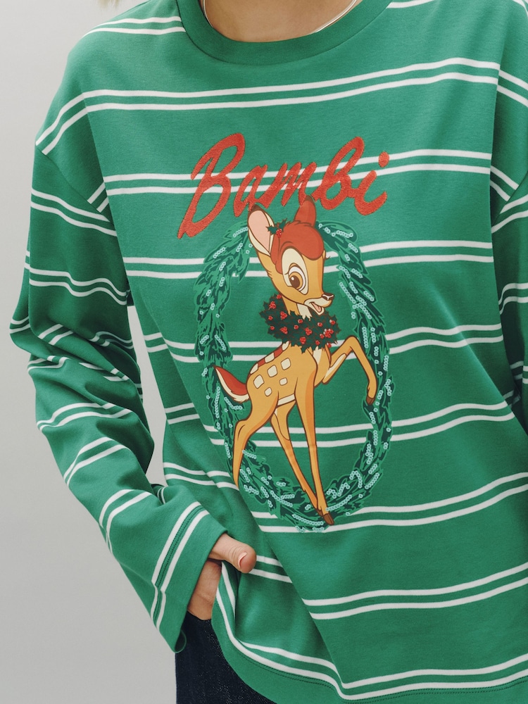 Green Christmas Bambi Licence Crew Neck Long Sleeve Top - Image 4 of 4 Green Christmas Bambi Licence Crew Neck Long Sleeve Top - Image 4 of 4