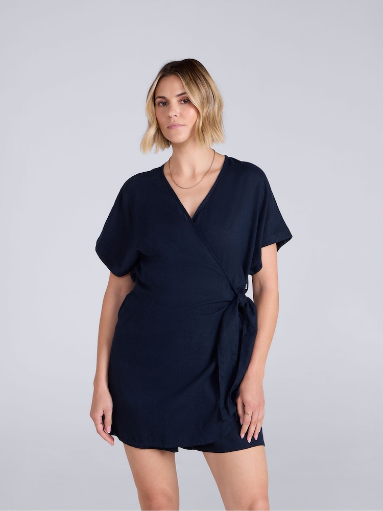 Asul - Animal Linen Wrap Playsuit - Larawan 1 ng 4