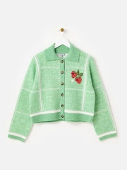 Oliver Bonas Green Checked Strawberry Embroidered Knitted Cardigan - Image 1 of 6