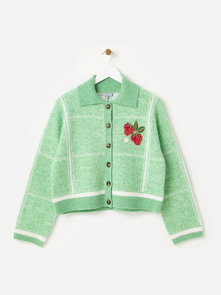 Oliver Bonas Green Checked Strawberry Embroidered Knitted Cardigan - Image 1 of 6