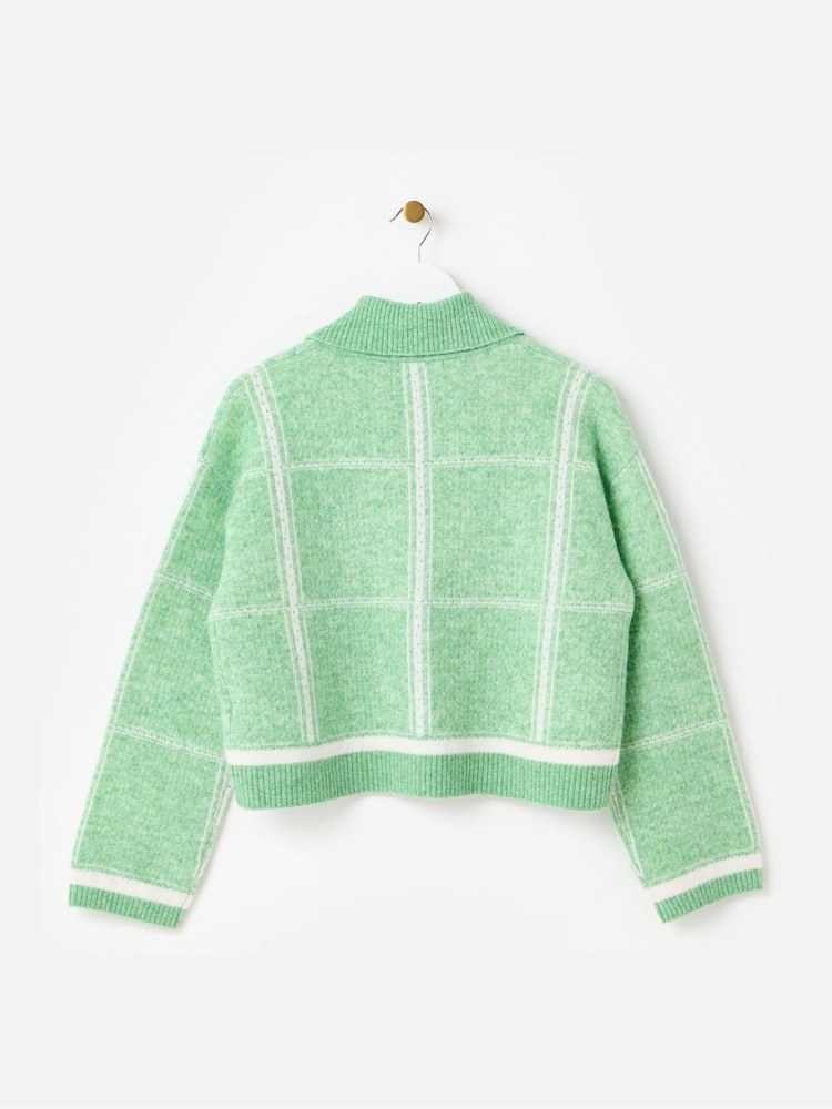 Oliver Bonas Green Checked Strawberry Embroidered Knitted Cardigan - Image 2 of 6