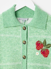 Oliver Bonas Green Checked Strawberry Embroidered Knitted Cardigan - Image 3 of 6