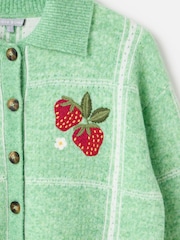 Oliver Bonas Green Checked Strawberry Embroidered Knitted Cardigan - Image 4 of 6