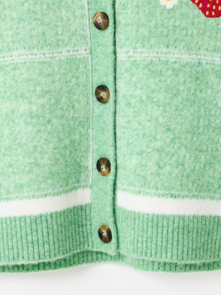Oliver Bonas Green Checked Strawberry Embroidered Knitted Cardigan - Image 6 of 6