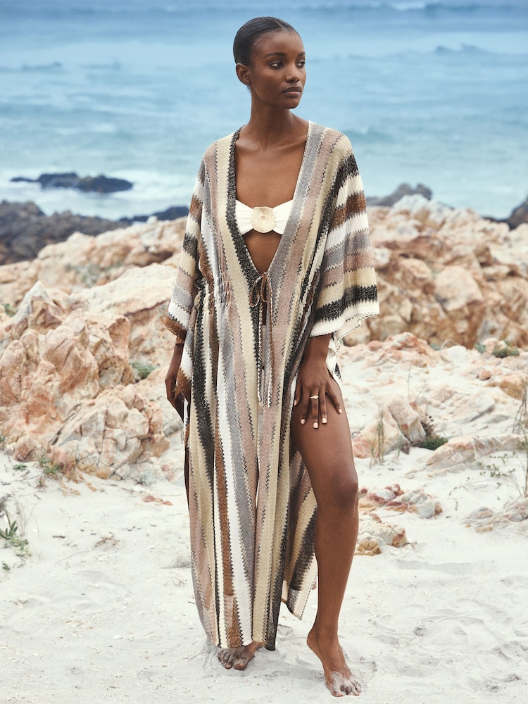 Gold/Brown Knitted Kaftan Cover-Up - Image 1 of 7