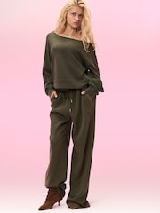 Victoria's Secret Pink Olive Green Off The Shoulder Waffle Sweatshirt - Image 1 of 3