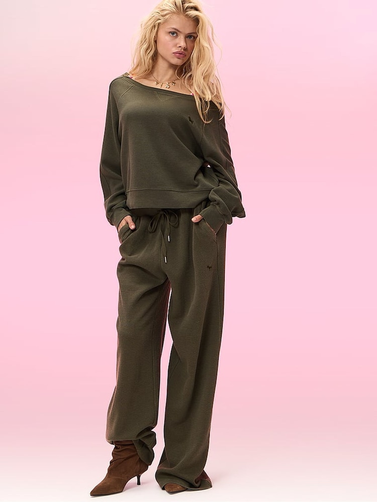 Victoria's Secret Pink Olive Green Off The Shoulder Waffle Sweatshirt - Image 1 of 3