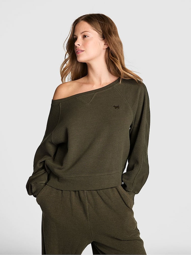 Victoria's Secret Pink Olive Green Off The Shoulder Waffle Sweatshirt - Image 2 of 3