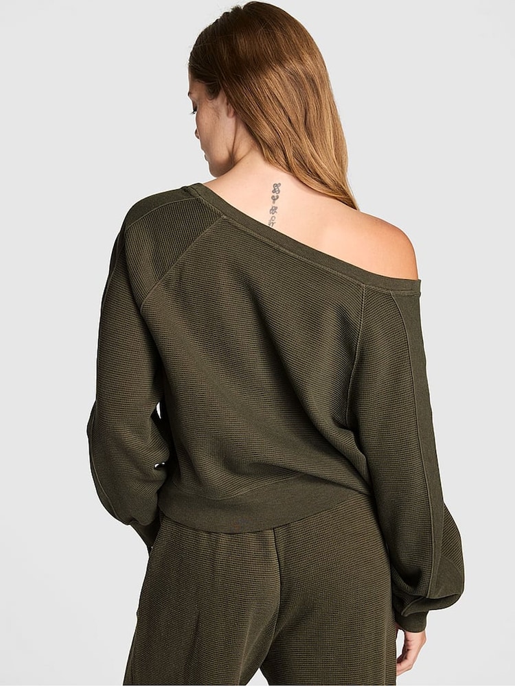 Victoria's Secret Pink Olive Green Off The Shoulder Waffle Sweatshirt - Image 3 of 3