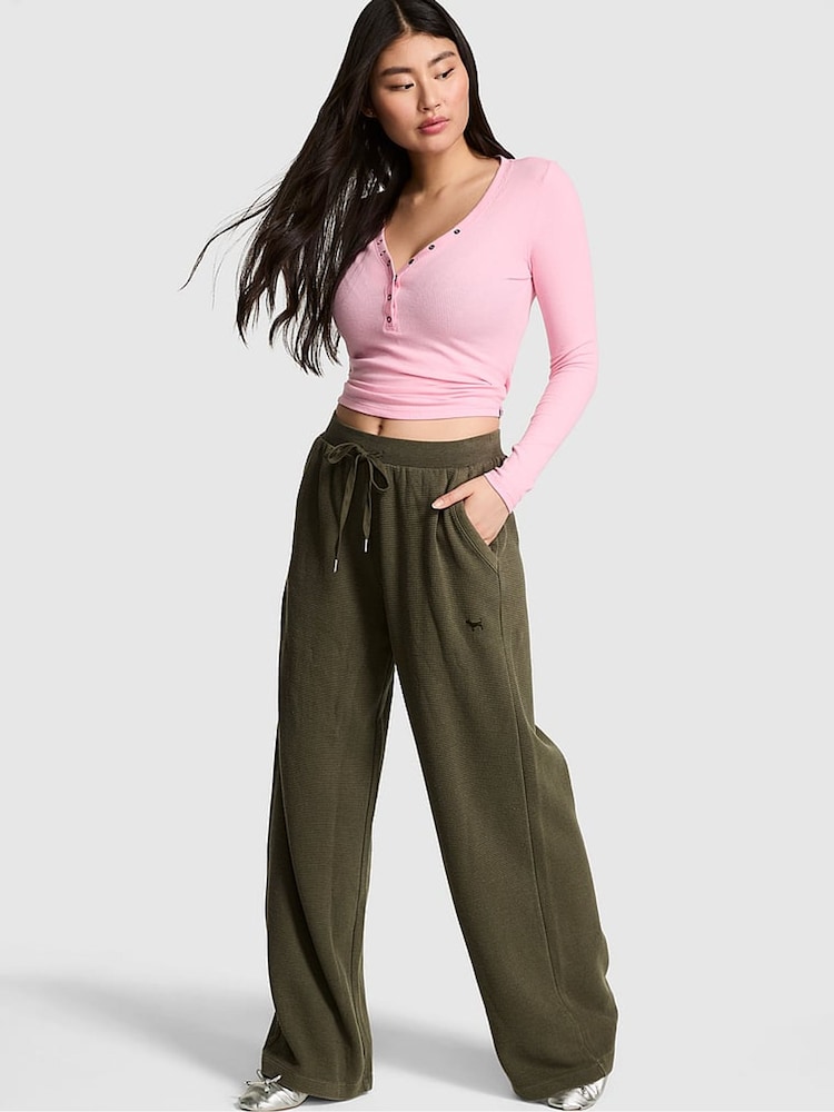 Victoria's Secret Pink Olive Green Wide Leg Oversized Waffle Joggers - Image 1 of 2 Victoria's Secret Pink Olive Green Wide Leg Oversized Waffle Joggers - Image 1 of 2