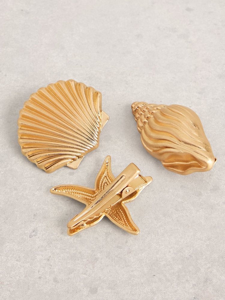 White Stuff Gold Seashell Hair Clips 3 Pack - Image 1 of 2