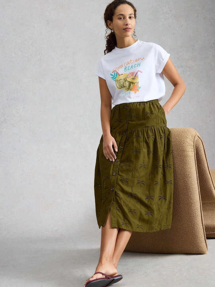 White Stuff Green Ruben Broderie Midi Skirt - Image 1 of 6