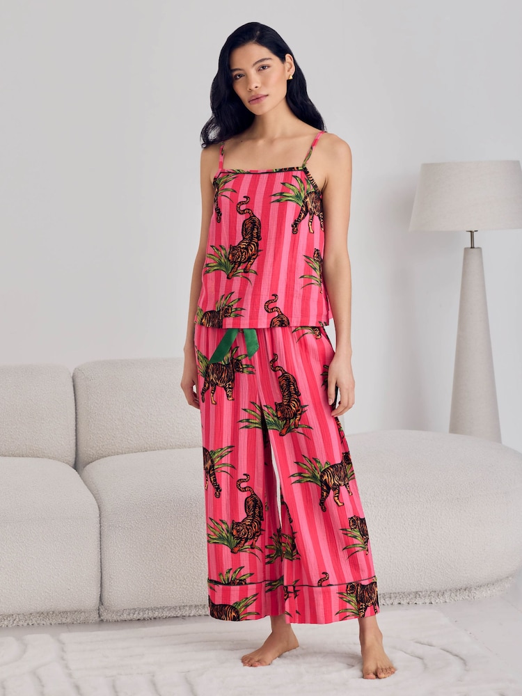 Chelsea Peers Pink Leaf Tiger Stripe Print Cami Long Pyjamas Set - Image 1 of 8 Chelsea Peers Pink Leaf Tiger Stripe Print Cami Long Pyjamas Set - Image 1 of 8
