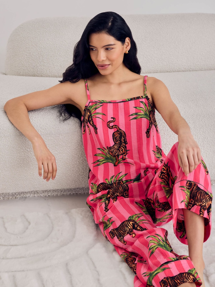 Chelsea Peers Pink Leaf Tiger Stripe Print Cami Long Pyjamas Set - Image 2 of 8 Chelsea Peers Pink Leaf Tiger Stripe Print Cami Long Pyjamas Set - Image 2 of 8