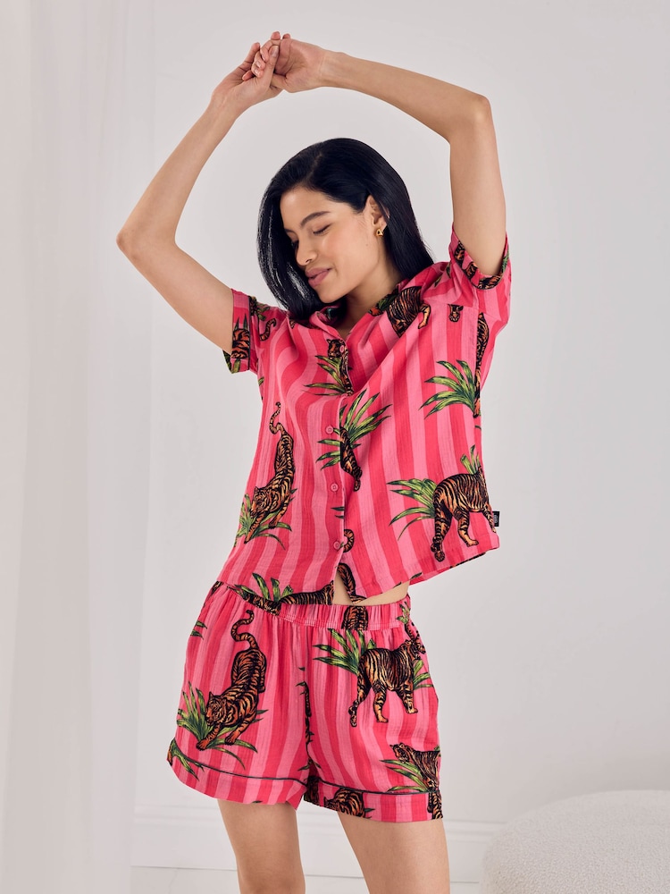 Chelsea Peers Leaf Tiger Stripe Print Short Pyjamas Set - Imagen 1 de 6