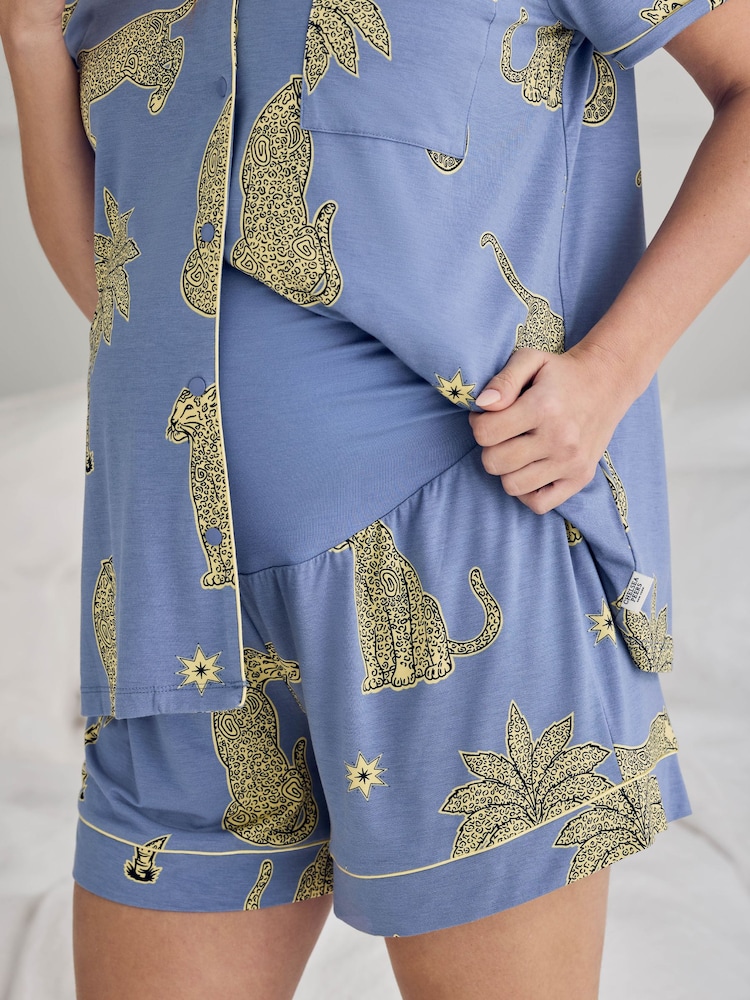 Chelsea Peers Blue Maternity Tencel™ Modal Midnight Leopard Print Short Pyjamas Set - Image 6 of 6