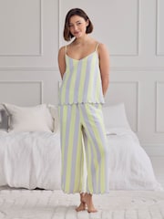 Chelsea Peers Purple Linen Blend Scallop Edge Stripe Long Pyjamas Set - Image 1 of 6