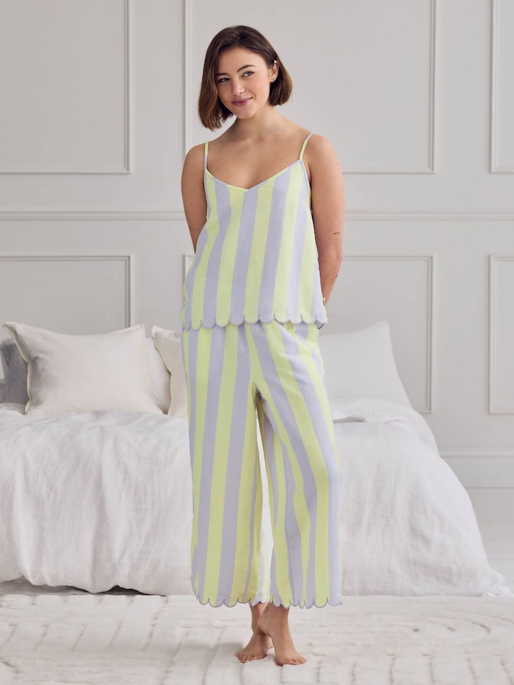 Chelsea Peers Purple Linen Blend Scallop Edge Stripe Long Pyjamas Set - Image 1 of 6