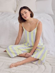 Chelsea Peers Purple Linen Blend Scallop Edge Stripe Long Pyjamas Set - Image 5 of 6