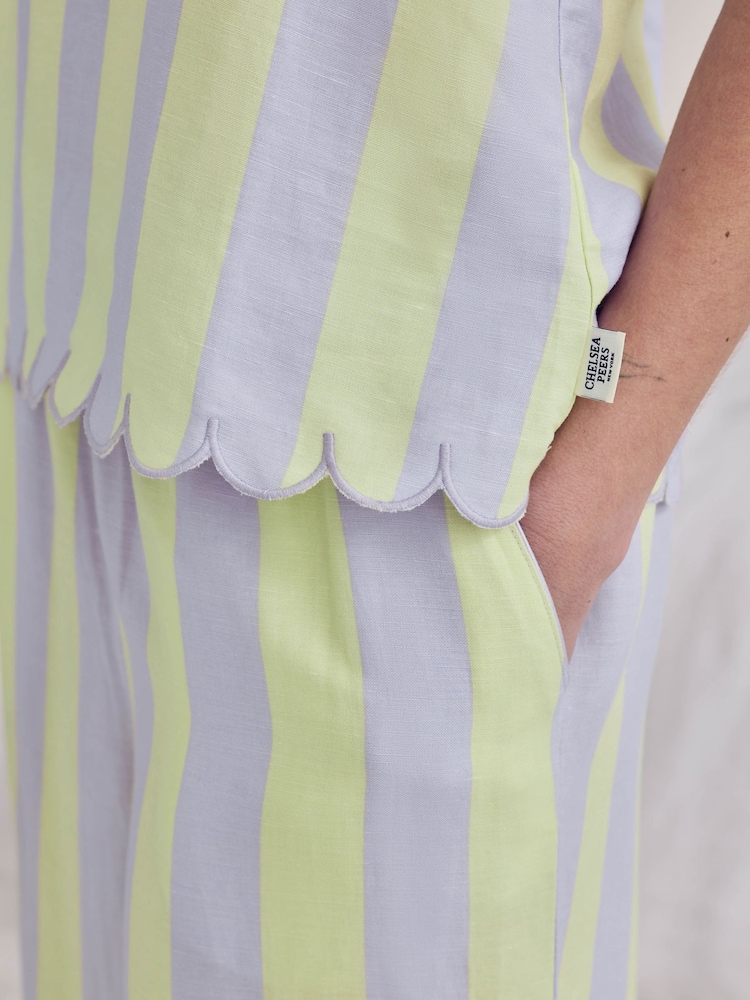 Chelsea Peers Purple Linen Blend Scallop Edge Stripe Long Pyjamas Set - Image 6 of 6