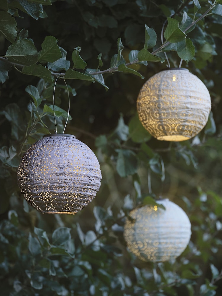 Lights4fun Purple Blue  Beige Set of 3 Tyvek Scandi Summer Solar Lanterns - Image 1 of 6