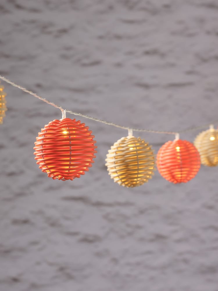 Lights4fun Orange Beige 10LED Coloured Rattan Ball String Lights - Image 1 of 3